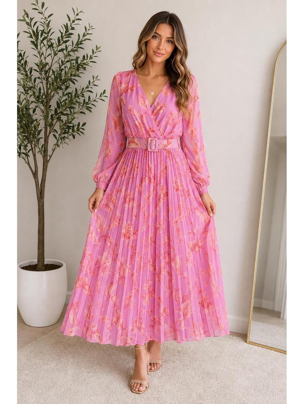 NWT LOVE x DESIGN Pink Floral Pleated Maxi Dress Belted Size Large